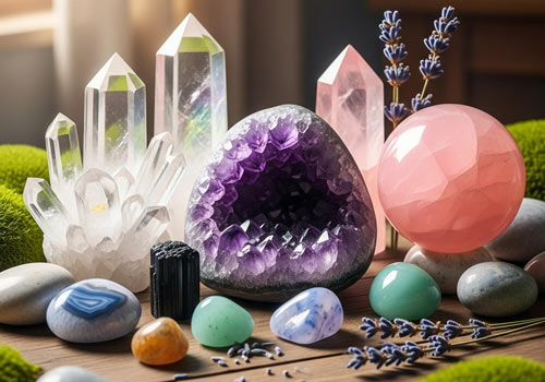 Verschiedene Heilkristalle auf einem Tisch